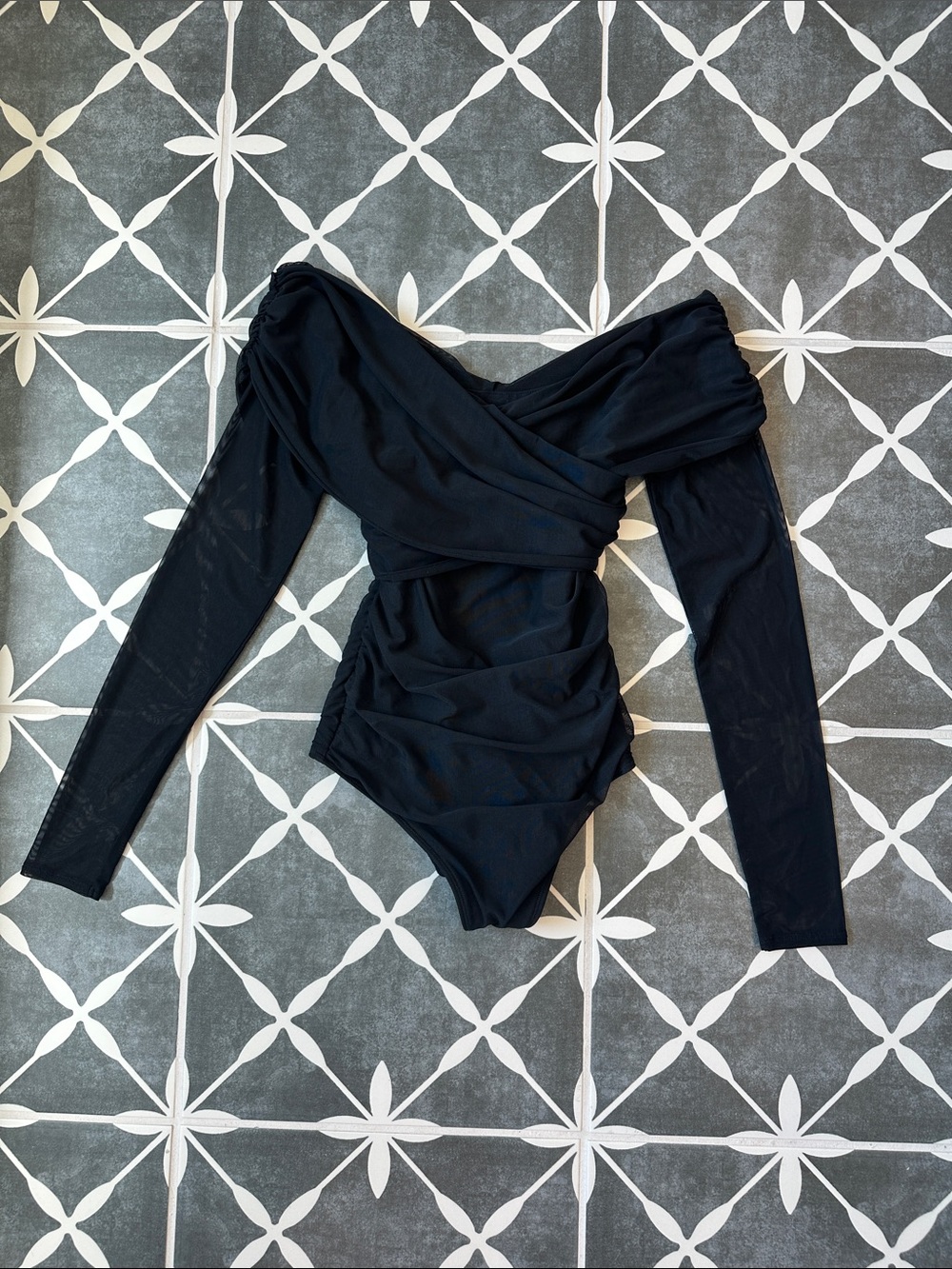 Abercrombie & Fitch Black Off-Shoulder Long-Sleeve Mesh Bodysuit